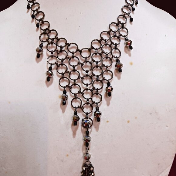 Handmade Gunmetal Rings Black Hematite Bead Bib Statement Necklace Tassel Fringe - Picture 5 of 12